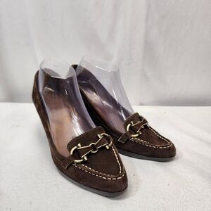 Talbots Brown Suede Wedge Loafer Ladies 7 Brass Horse Bit Buckle Womens Heels